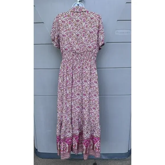 In Loom Floral Border Print Button Front Midi Dress Sz S Feminine Cottagecore - Picture 9 of 14